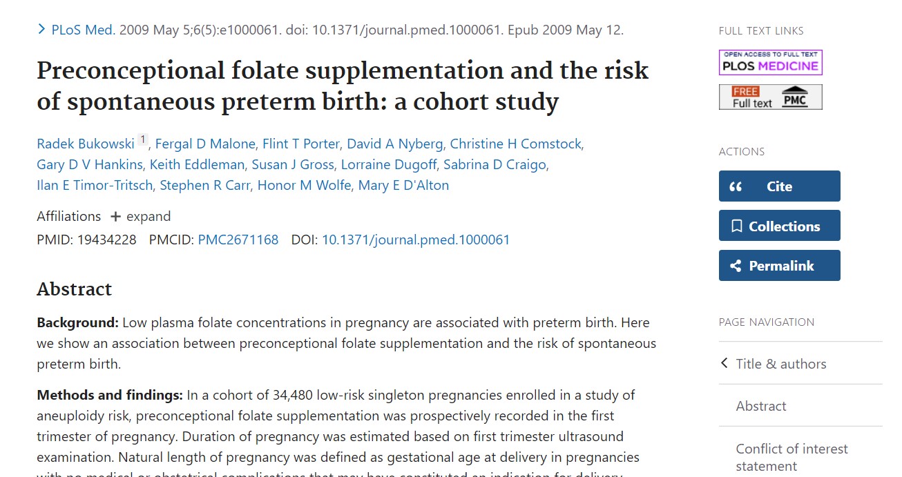 Prevenir defeitos do tubo neural? Um estudo de coorte de 34.000 mulheres grávidas: a suplementação com 1 ano de antecedência reduz o risco de parto prematuro espontâneo em 50%